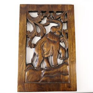 Wood Carved Elephant Animal Hanging Wall Art Decor 17x11" Wooden Carving Artwork